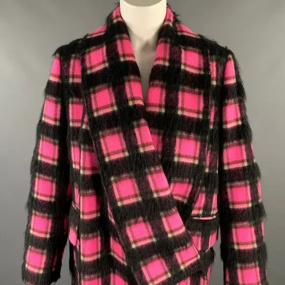 GOLDEN GOOSE Size S Pink Black White Wool Blend Plaid Shawl Lapel Coat - Picture 2 of 9